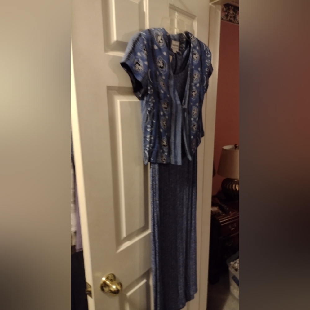 Vintage Karen Stevens 2 pc dress & jacket blue geometric designs
